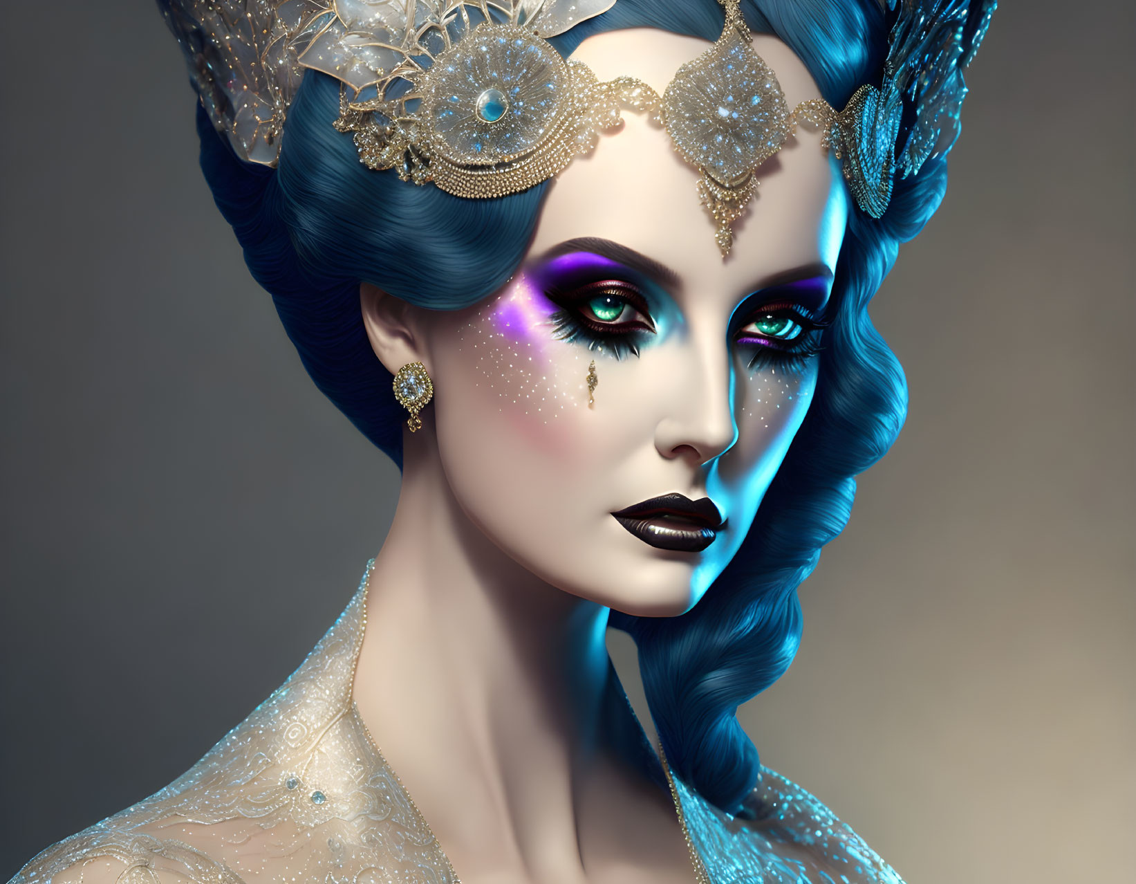 Portrait of Woman with Vibrant Blue Hair and Dramatic Makeup