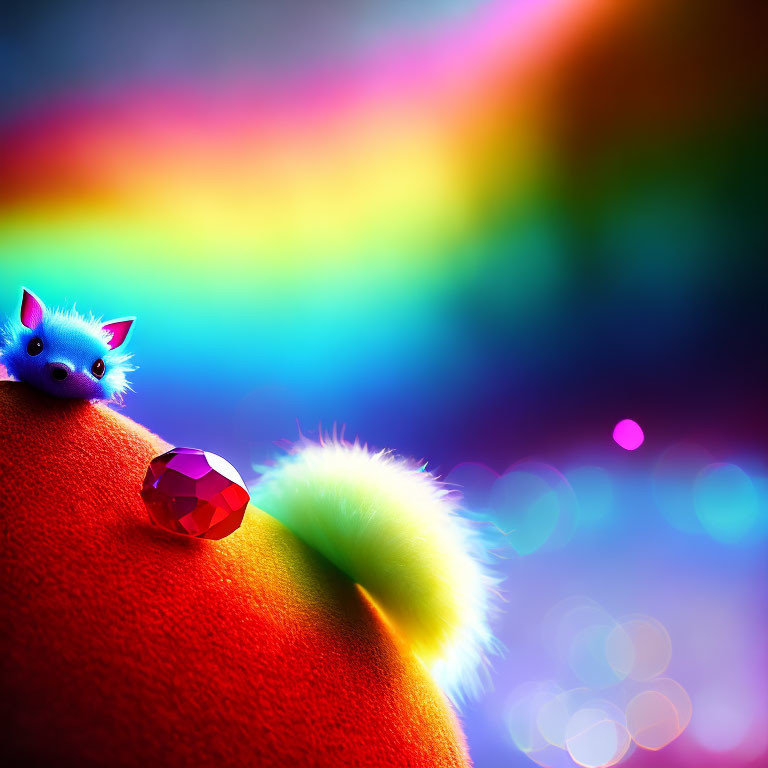 Colorful Scene with Blue Creature, Red Gem, and Fluffy Tail