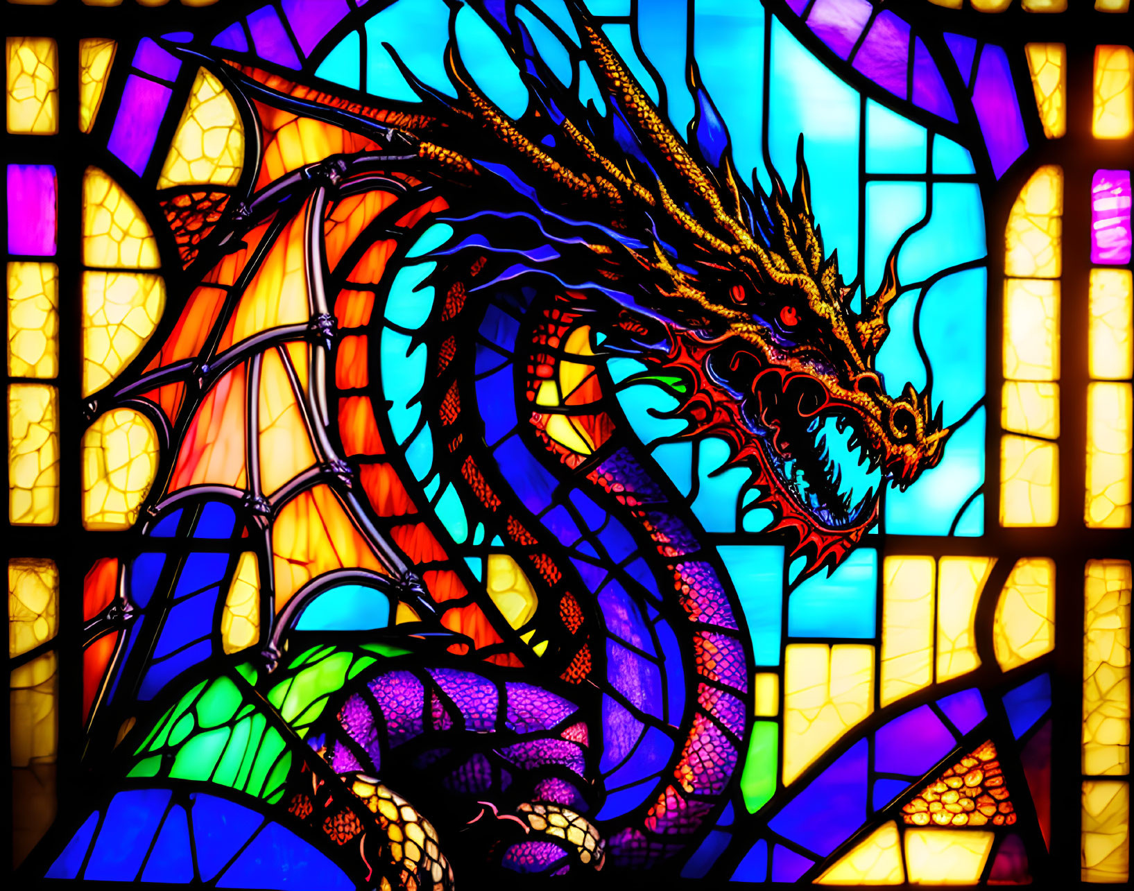 Colorful Dragon Stained Glass Window with Intricate Patterns