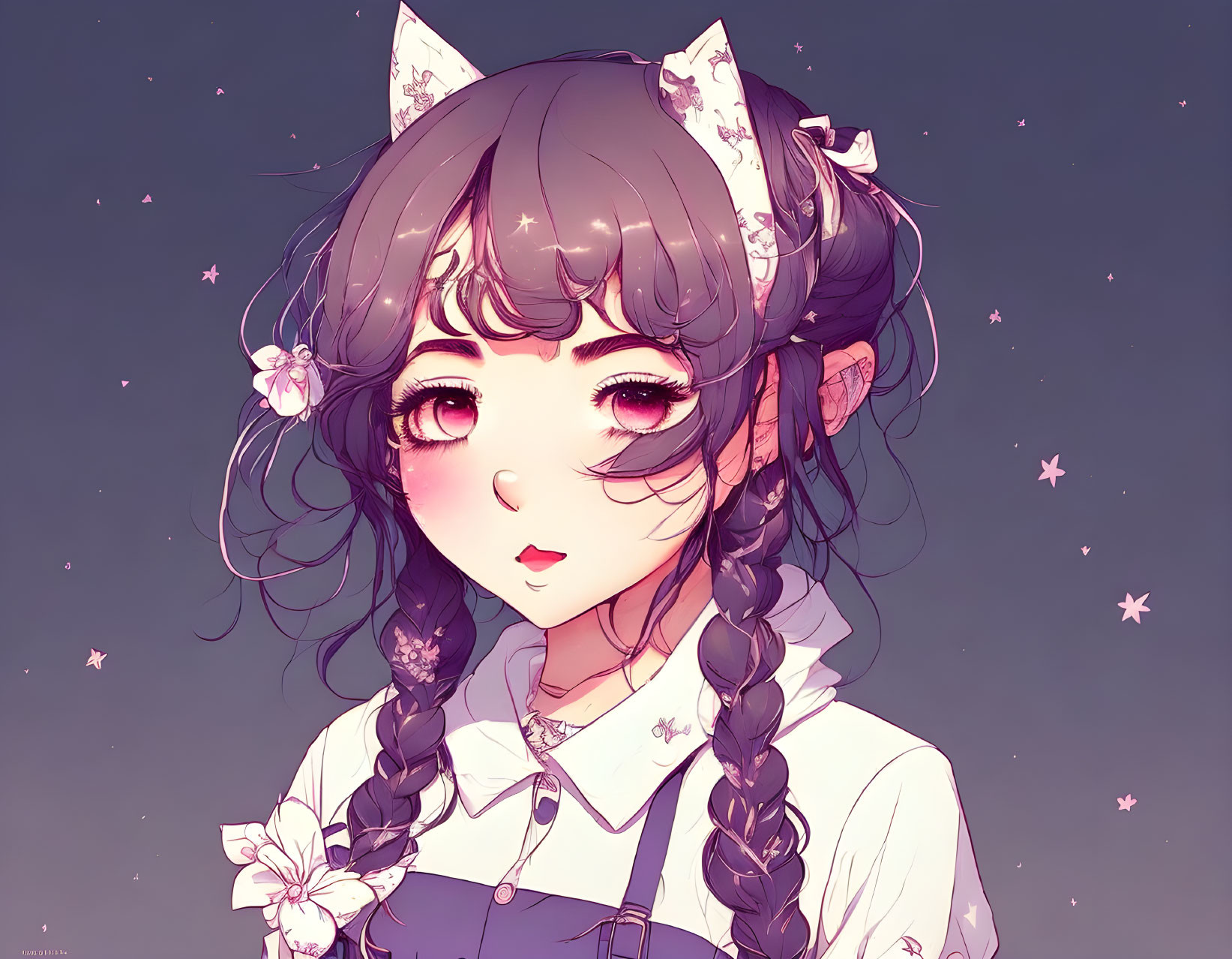 Anime-style girl with braids, cat ears, sparkly eyes, and floral hair accessory on star