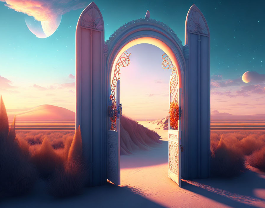 Ornate gate opening to desert dunes under two planets at sunrise/sunset