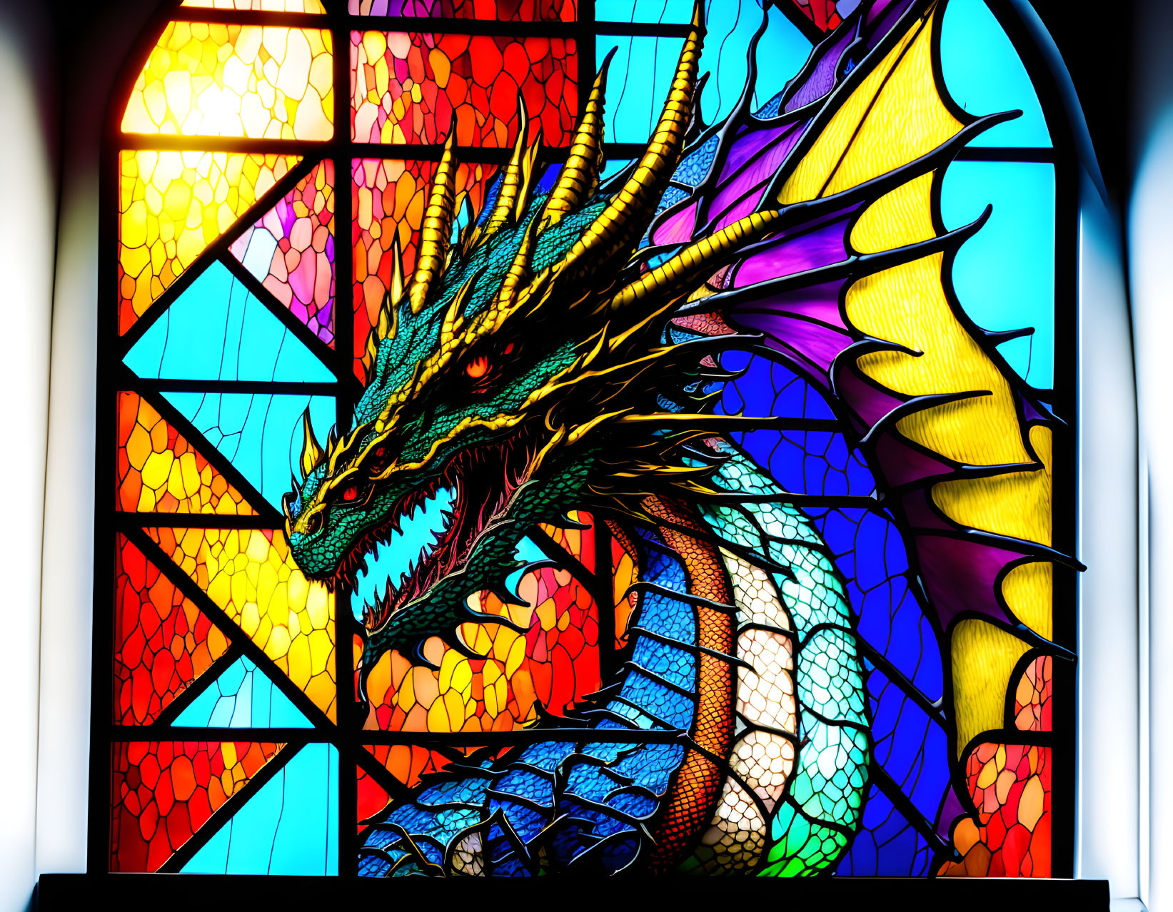 Colorful Stained Glass Window with Blue and Yellow Dragon