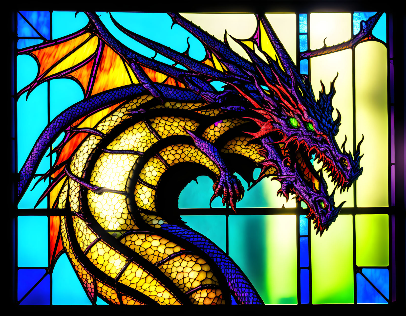 Colorful Dragon Stained Glass Window with Spread Wings