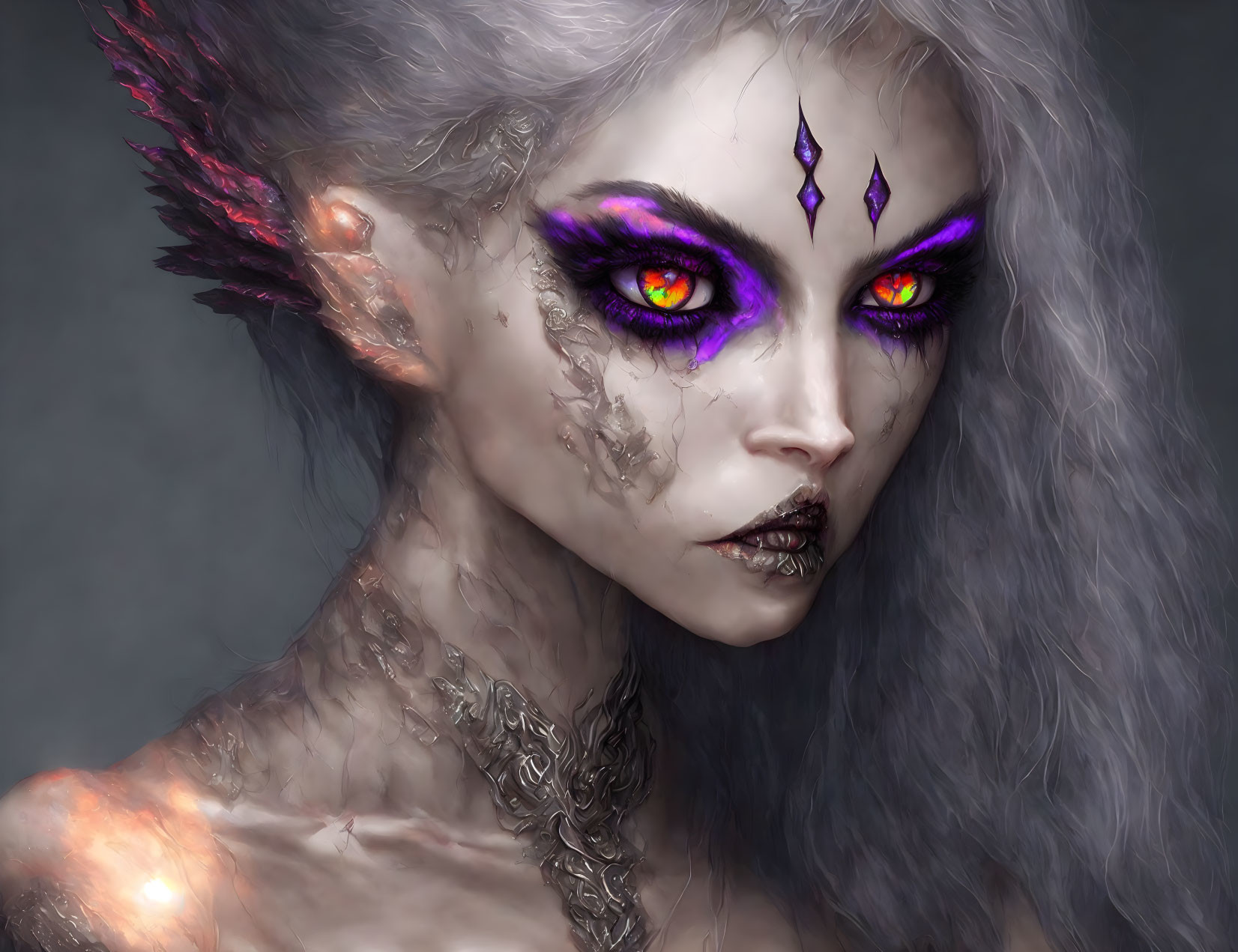 Fantasy-themed female with purple eyes, dark lips, grey skin, facial markings.