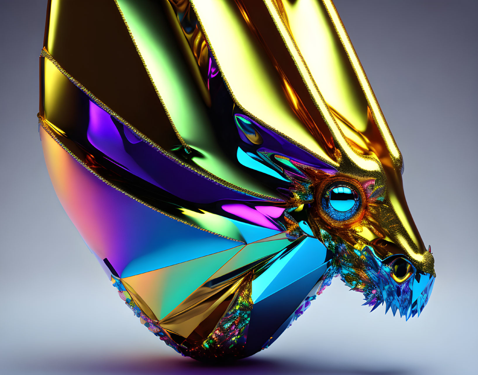 Metallic Dragon Head with Iridescent Scales on Gradient Background