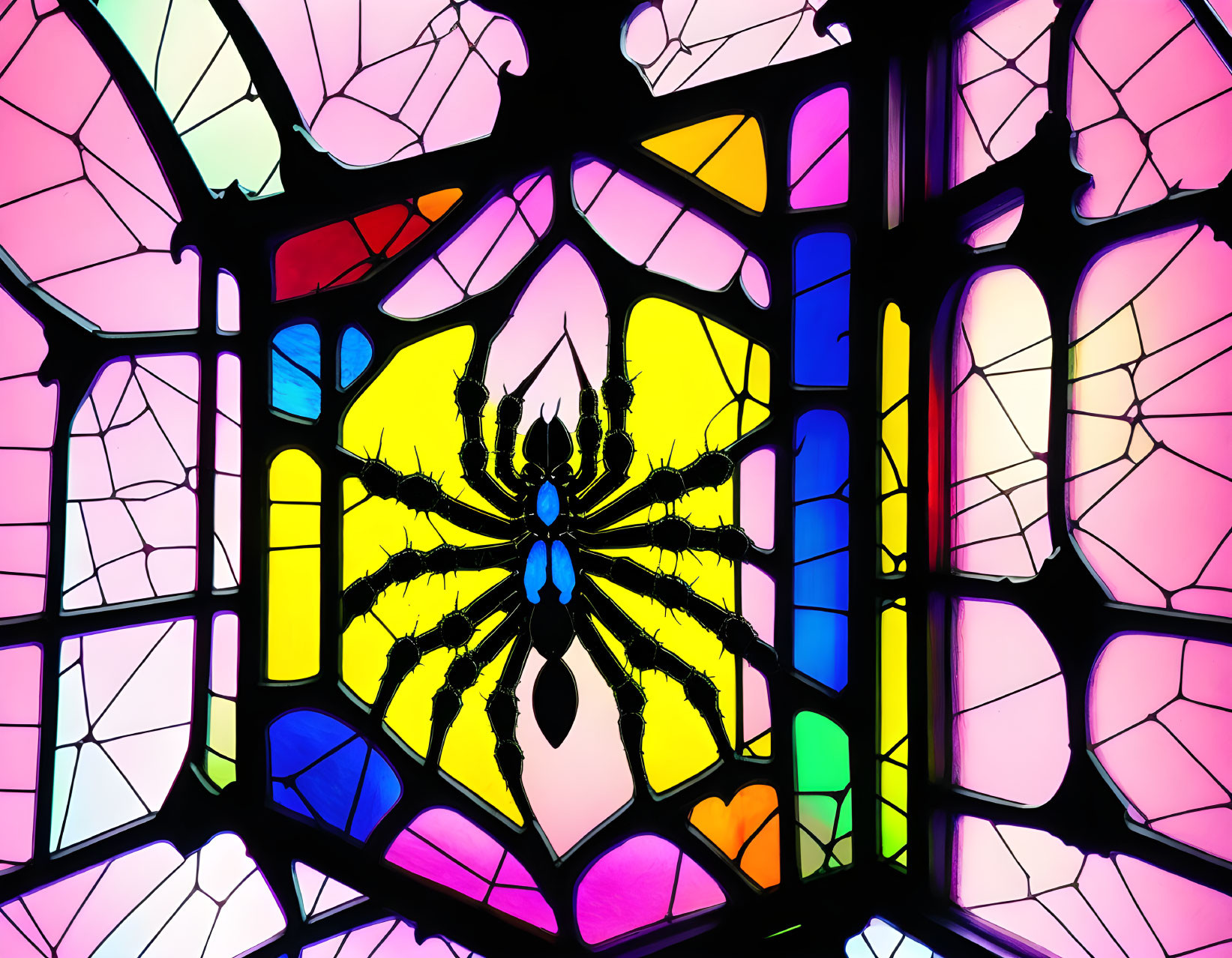 Vibrant stained glass window with spider silhouette in pink, blue, purple, and yellow.