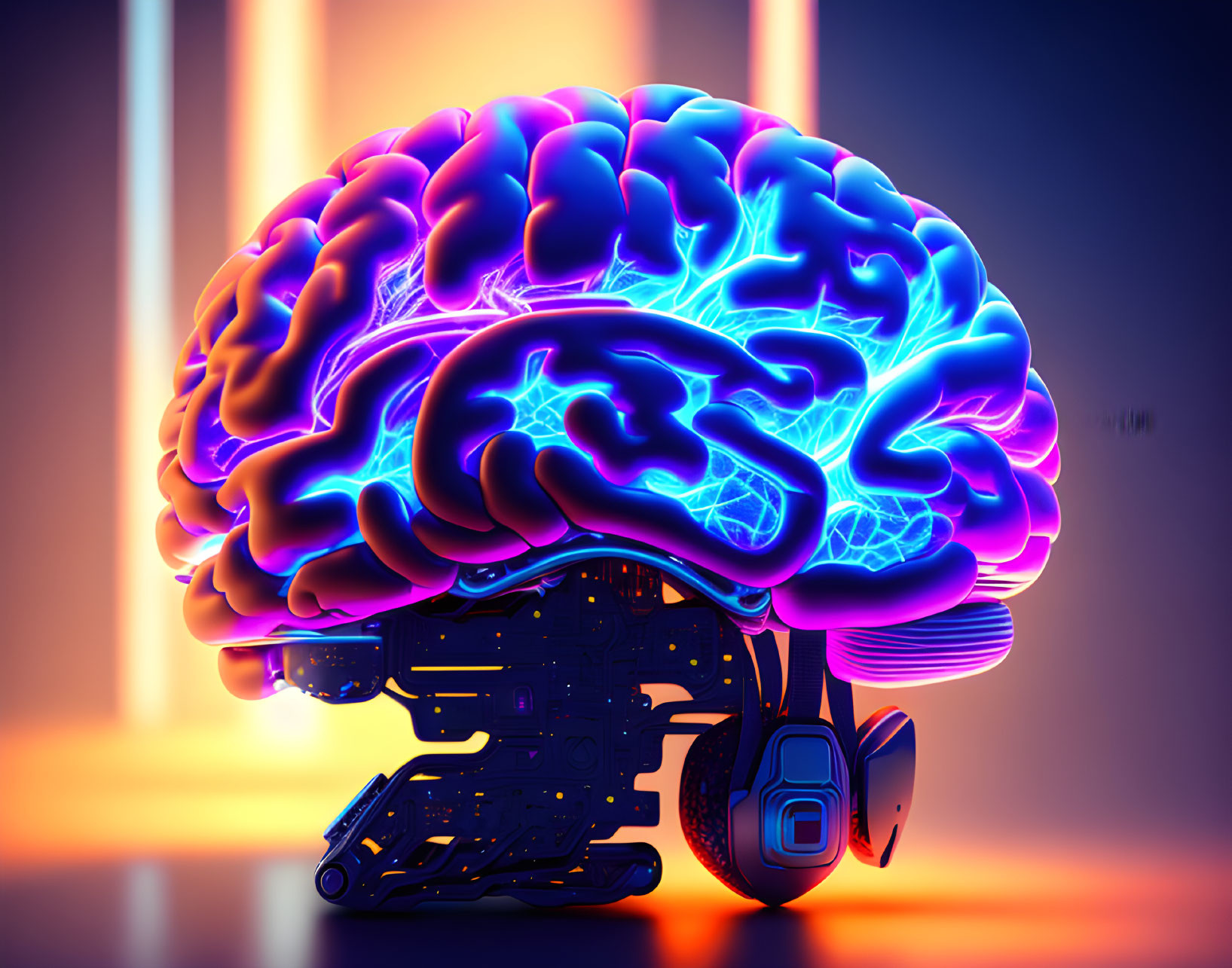 Colorful digital artwork: Human brain on robotic structure with neon lights