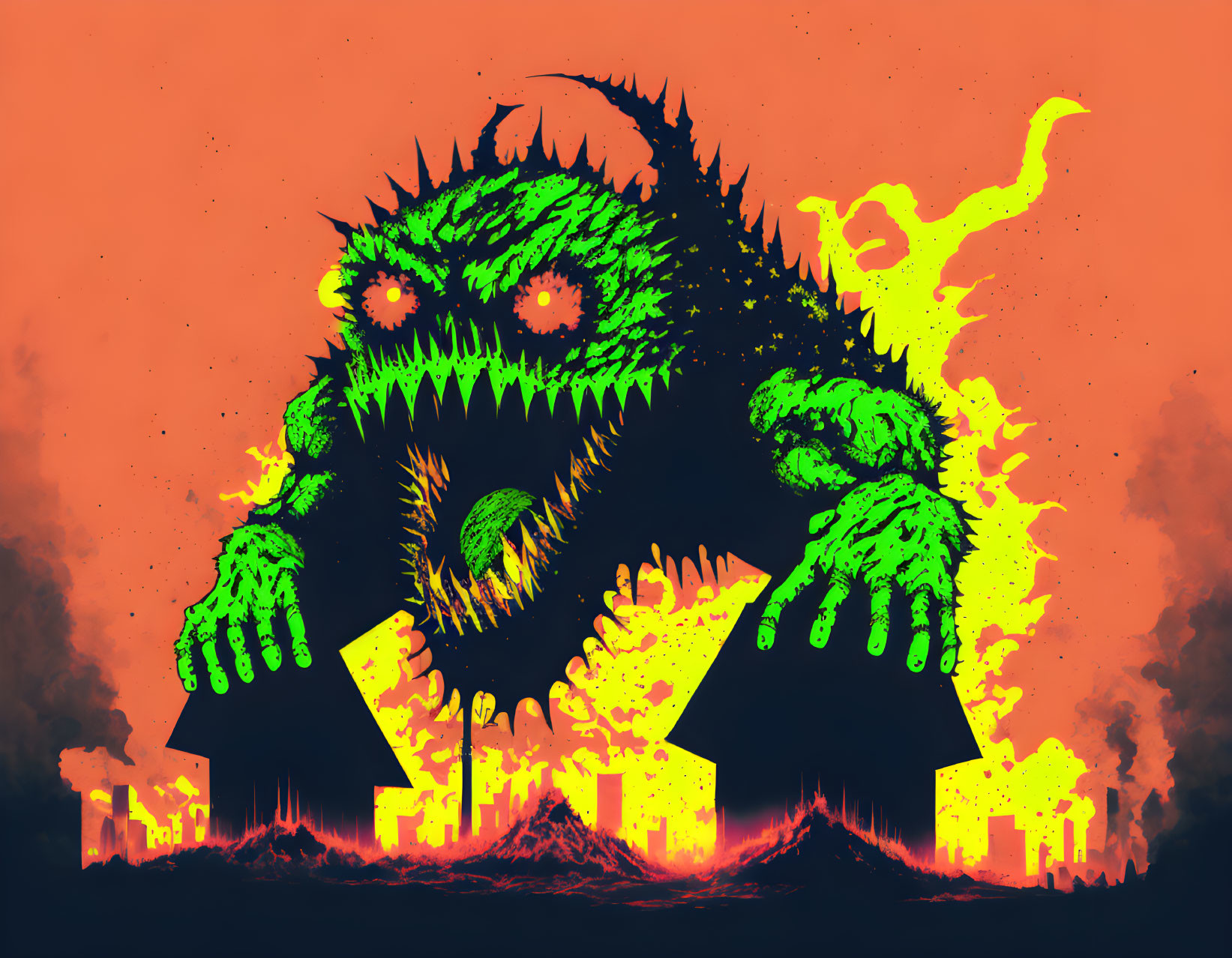 Monstrous creature illustration towering over flaming buildings on orange background