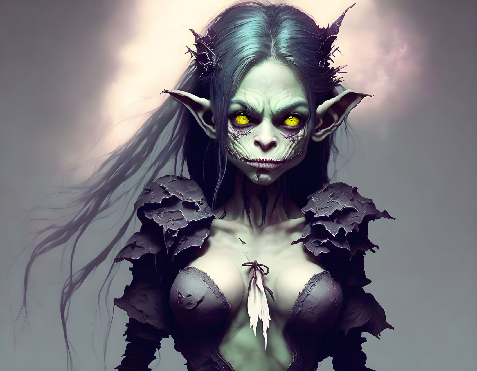 Green-skinned fantasy creature with pointed ears and yellow eyes in dark, spiky attire