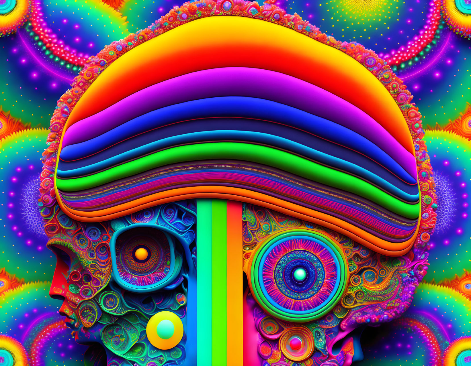 Colorful Human Skull Artwork with Psychedelic Brain & Fractal Background