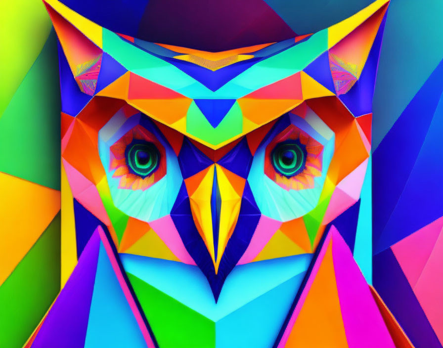 Abstract Geometric Owl Art with Colorful Facets and Intense Eyes