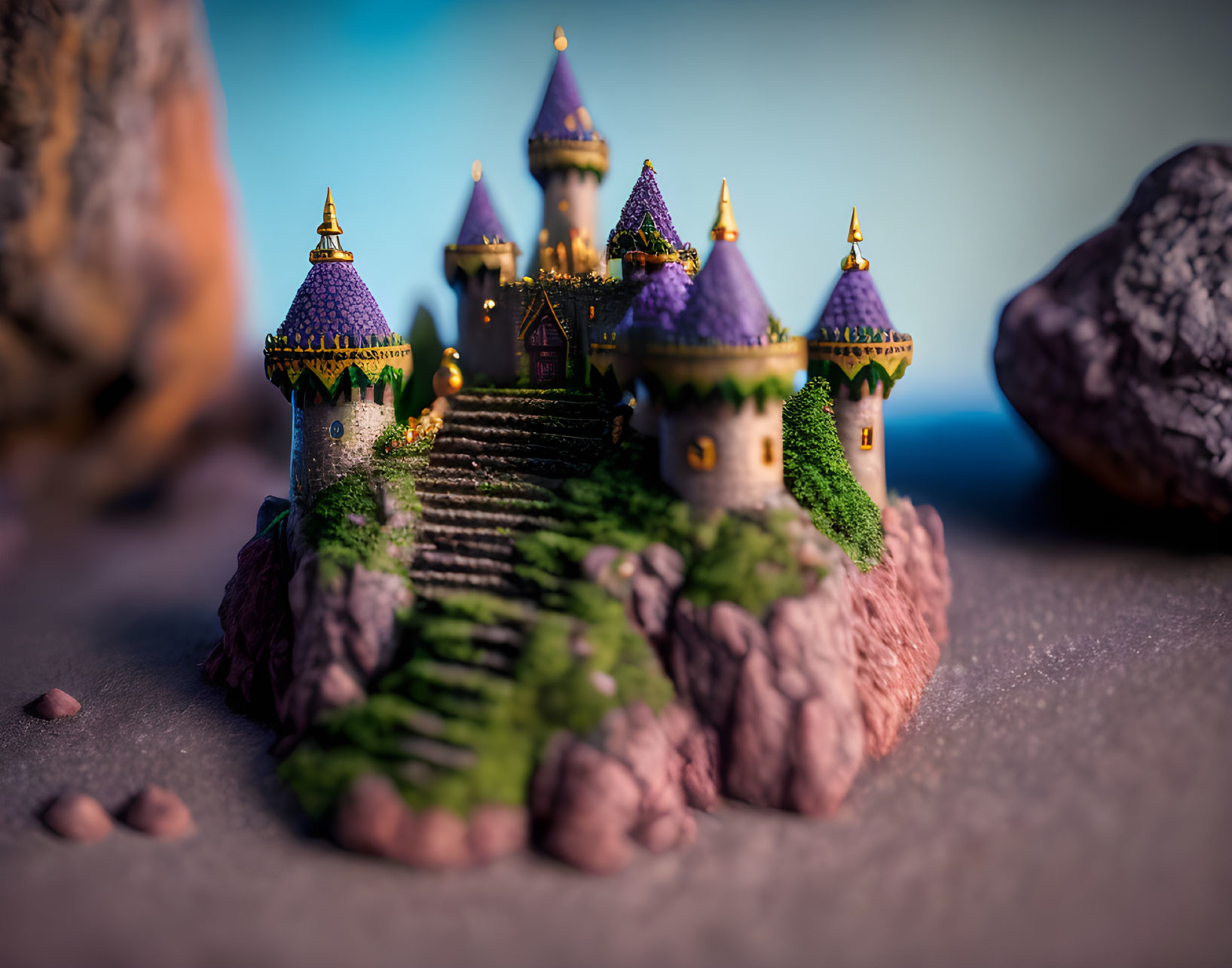 Miniature Fantasy Castle with Purple Roofs on Rocky Outcrop