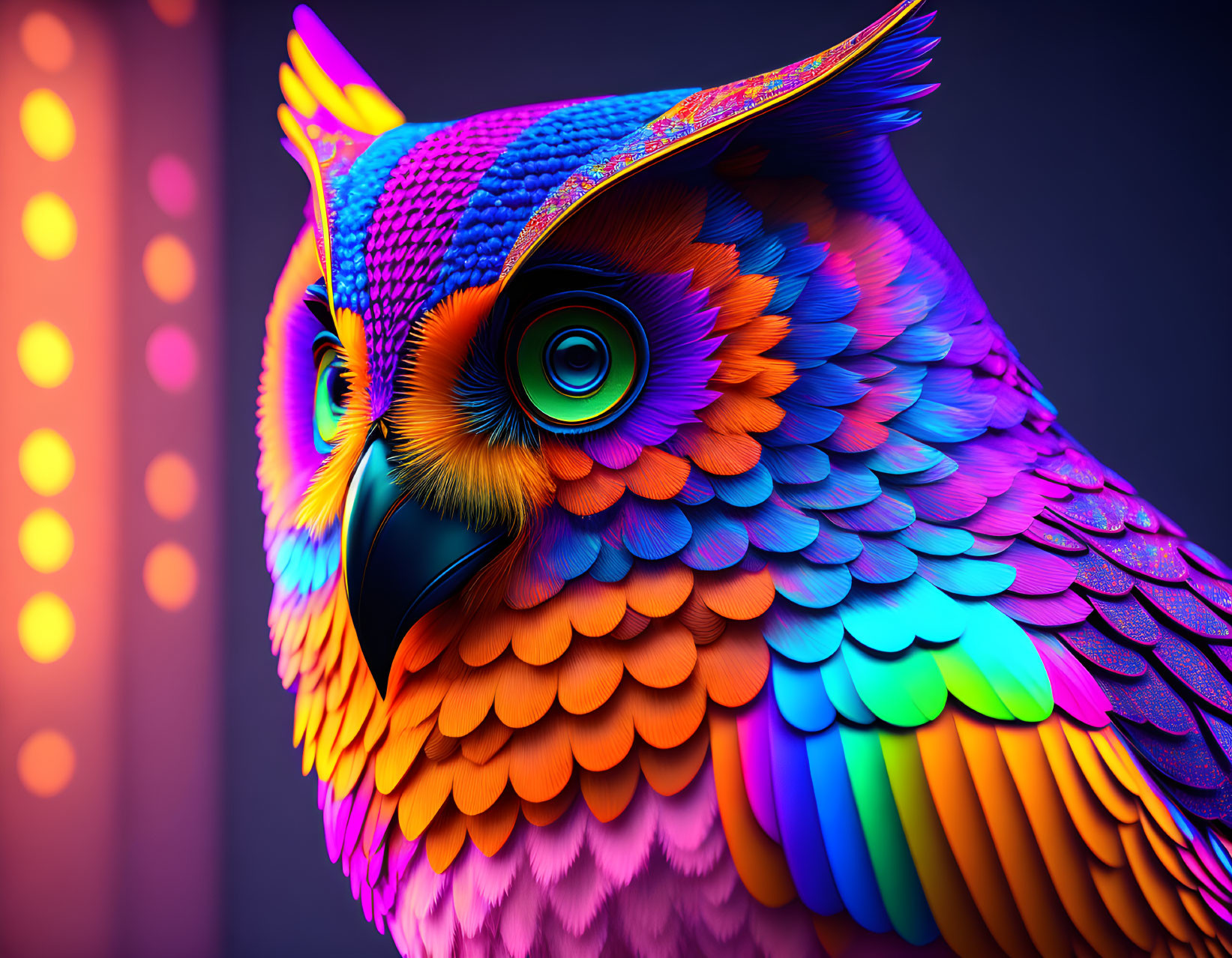 Colorful Neon Owl Artwork on Purple Background