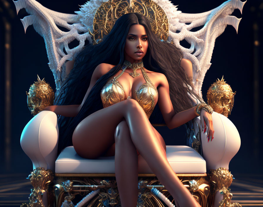 Digital artwork of woman on throne with dark hair and gold jewelry