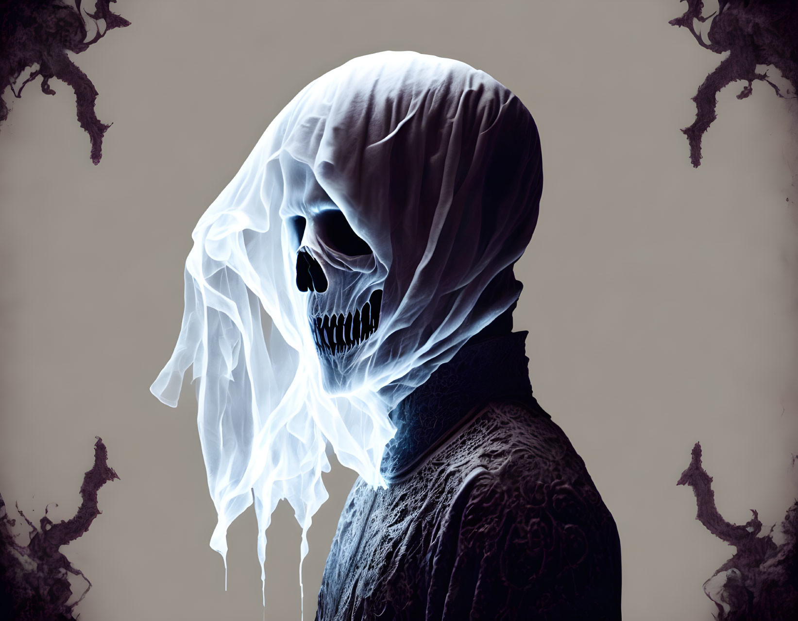 Cloaked figure with glowing skull head in dark, branching backdrop