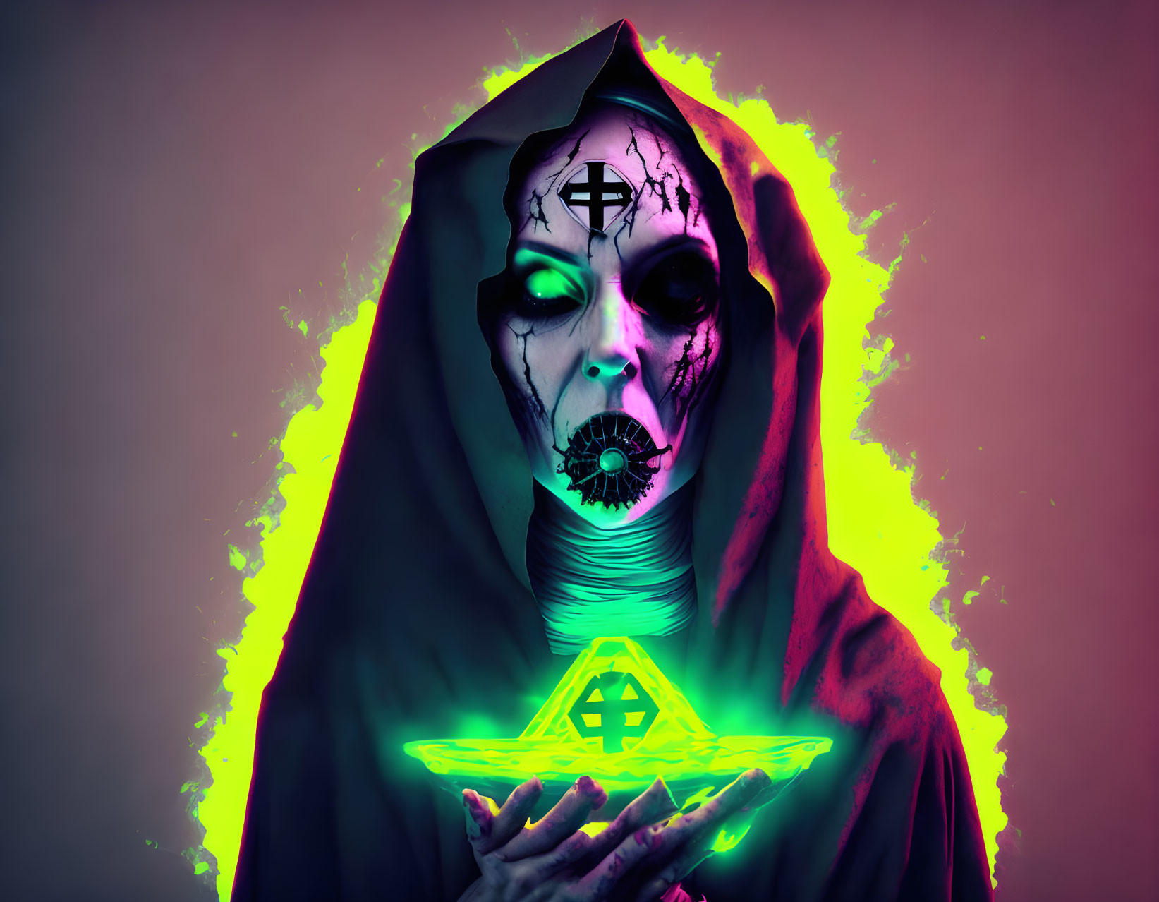 Hooded figure with skull face paint holding mystical symbol on colorful backdrop