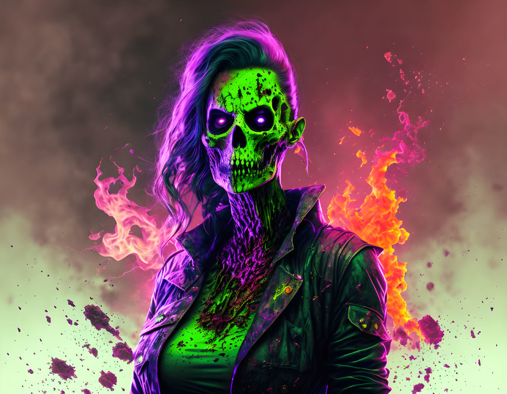 Colorful artwork: skeletal-faced figure in neon green glow, leather jacket, with fiery backdrop.