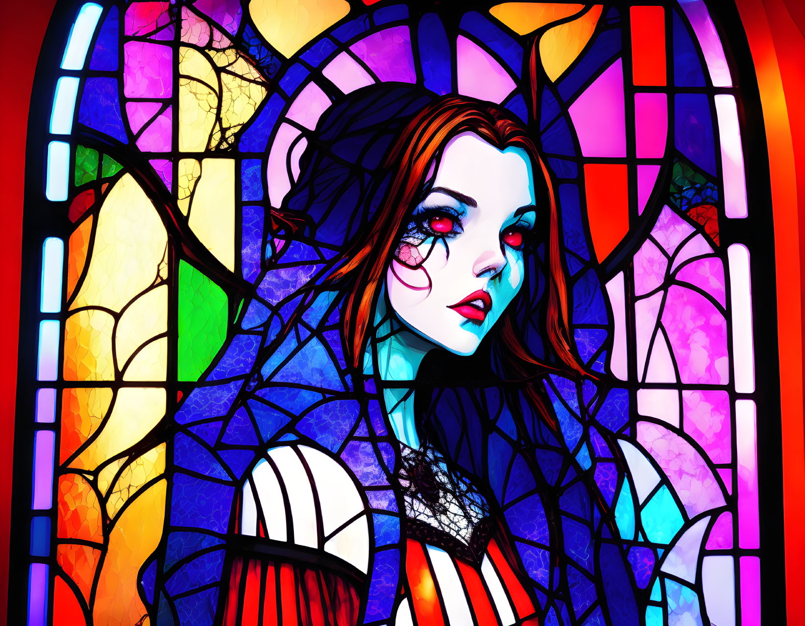 Vivid Stained Glass Window Art of Woman with Striking Eyes