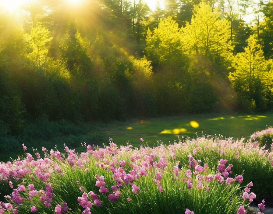 Sunlight through trees onto pink flower field at sunrise or sunset