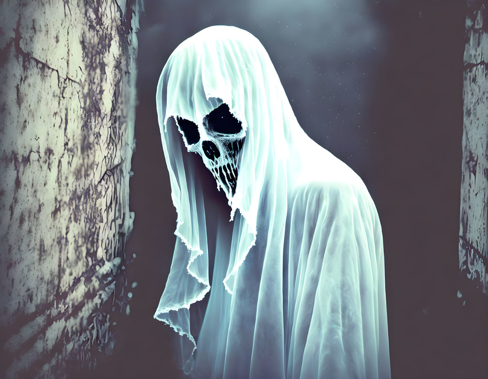 Skull-faced spectral figure in tattered white cloth against dark wall