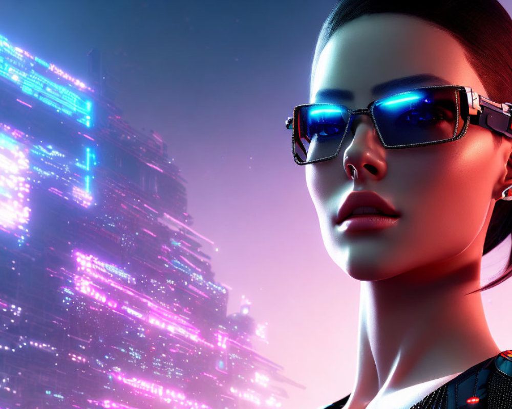 3D-rendered female character in sleek sunglasses against neon-lit cityscape