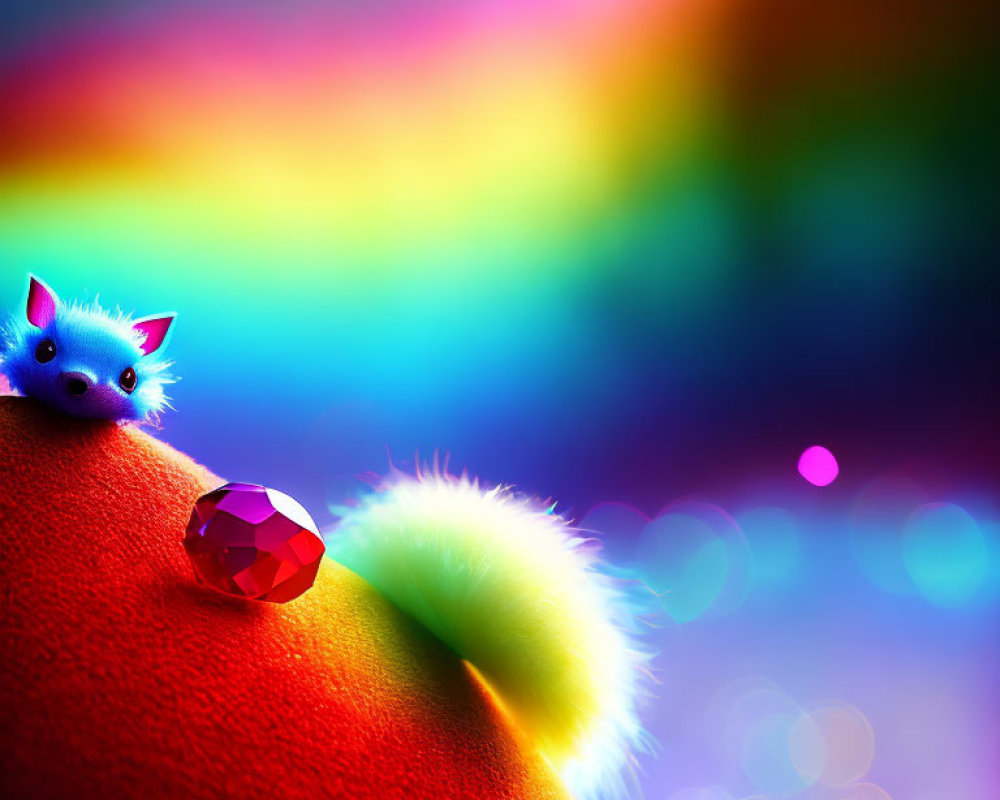 Colorful Scene with Blue Creature, Red Gem, and Fluffy Tail