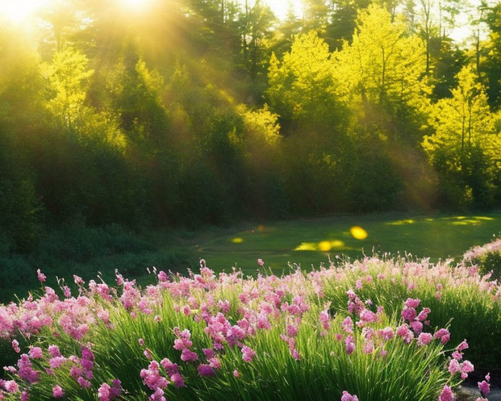 Sunlight through trees onto pink flower field at sunrise or sunset