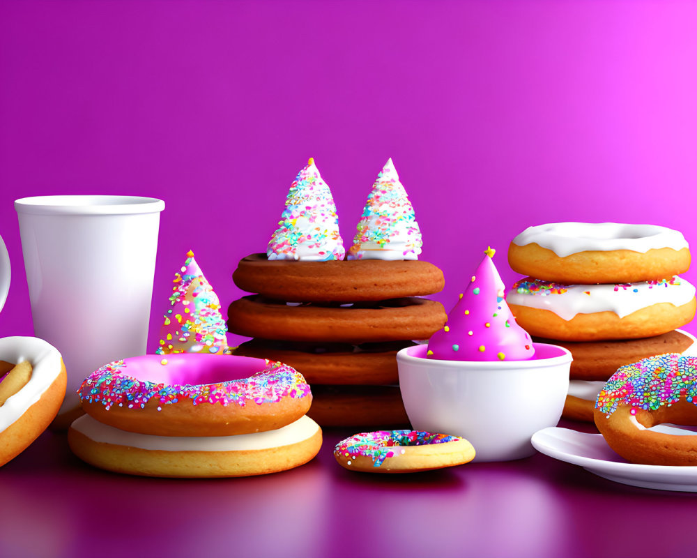 Assorted colorful doughnuts with coffee on purple background