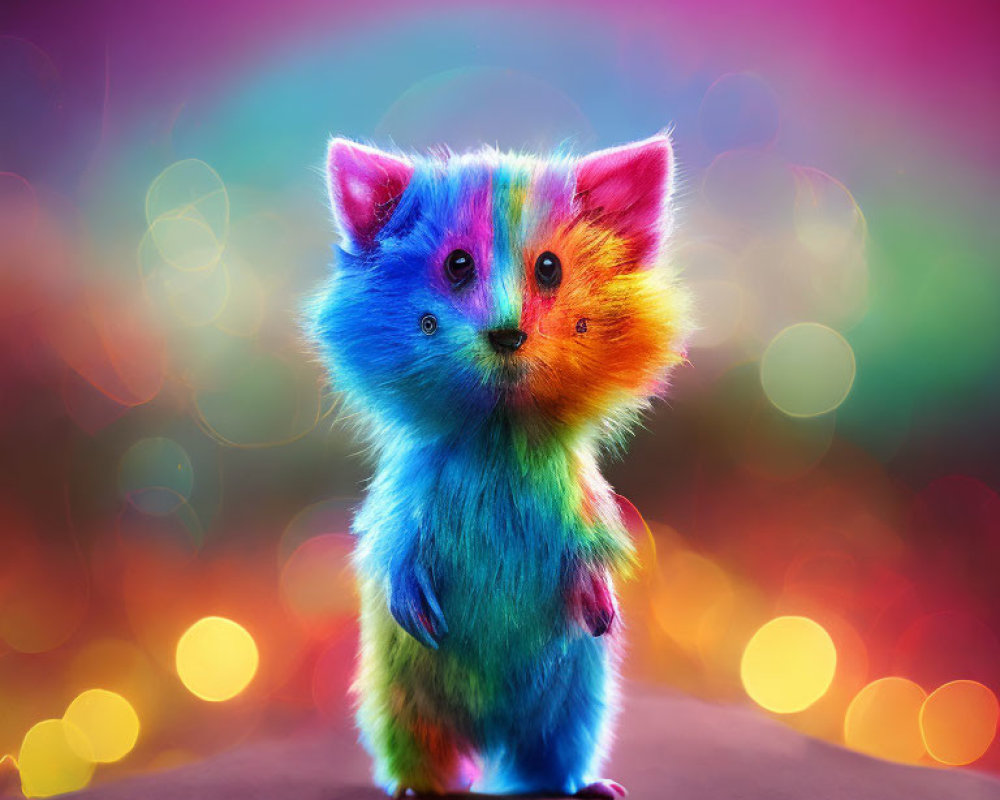 Multicolored rainbow kitten against bokeh light background