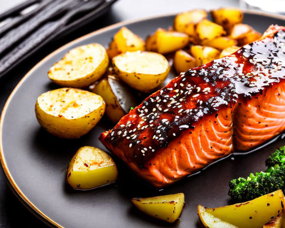 Grilled Salmon Fillet with Glaze, Roasted Potatoes, Broccoli, and Sesame