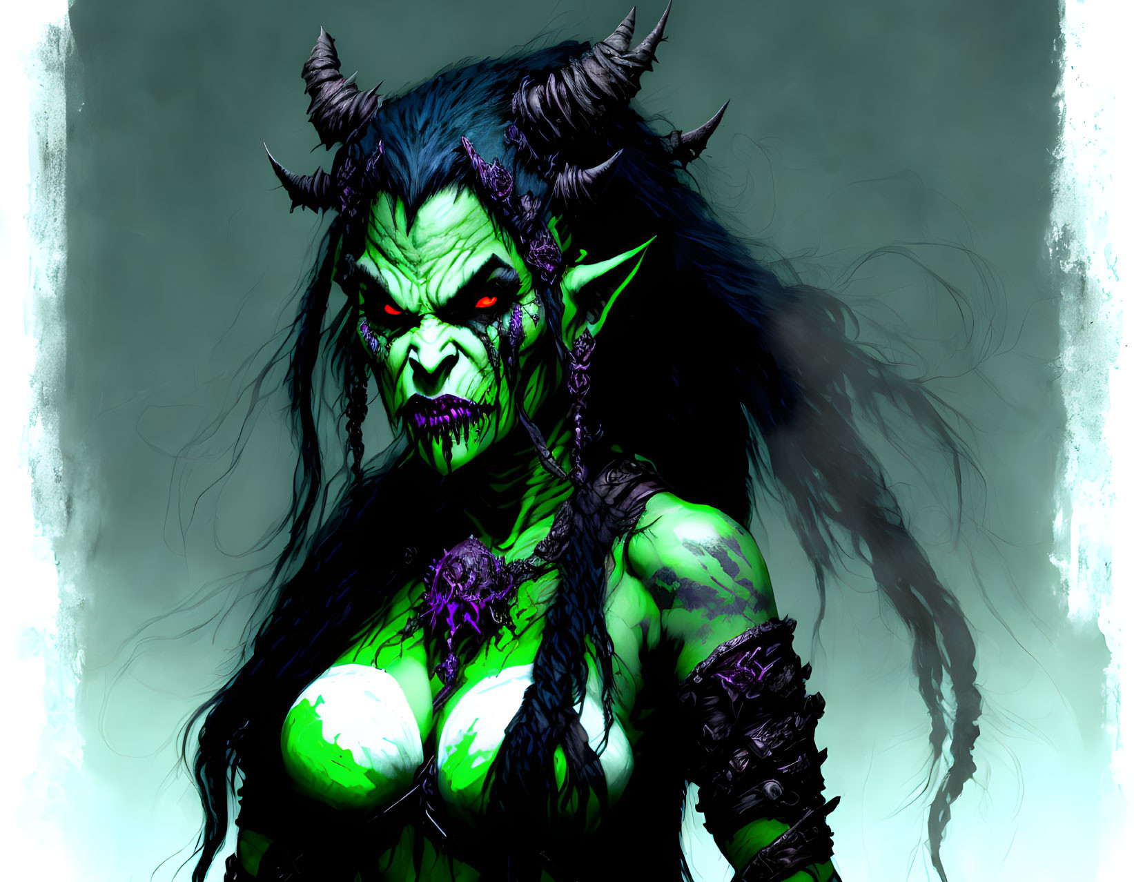 Fantasy female character with green skin, red eyes, fangs, pointed ears, and horned