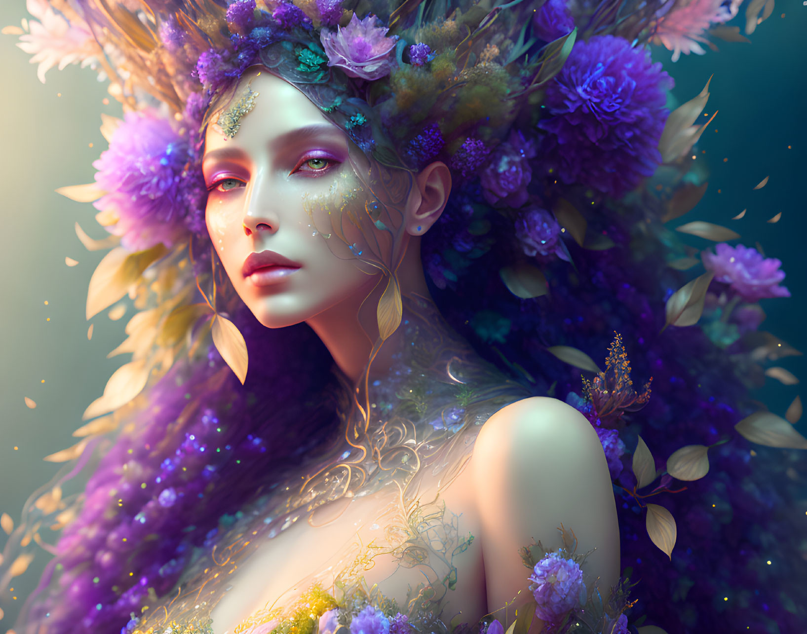 Fantastical Woman with Purple Floral Adornments