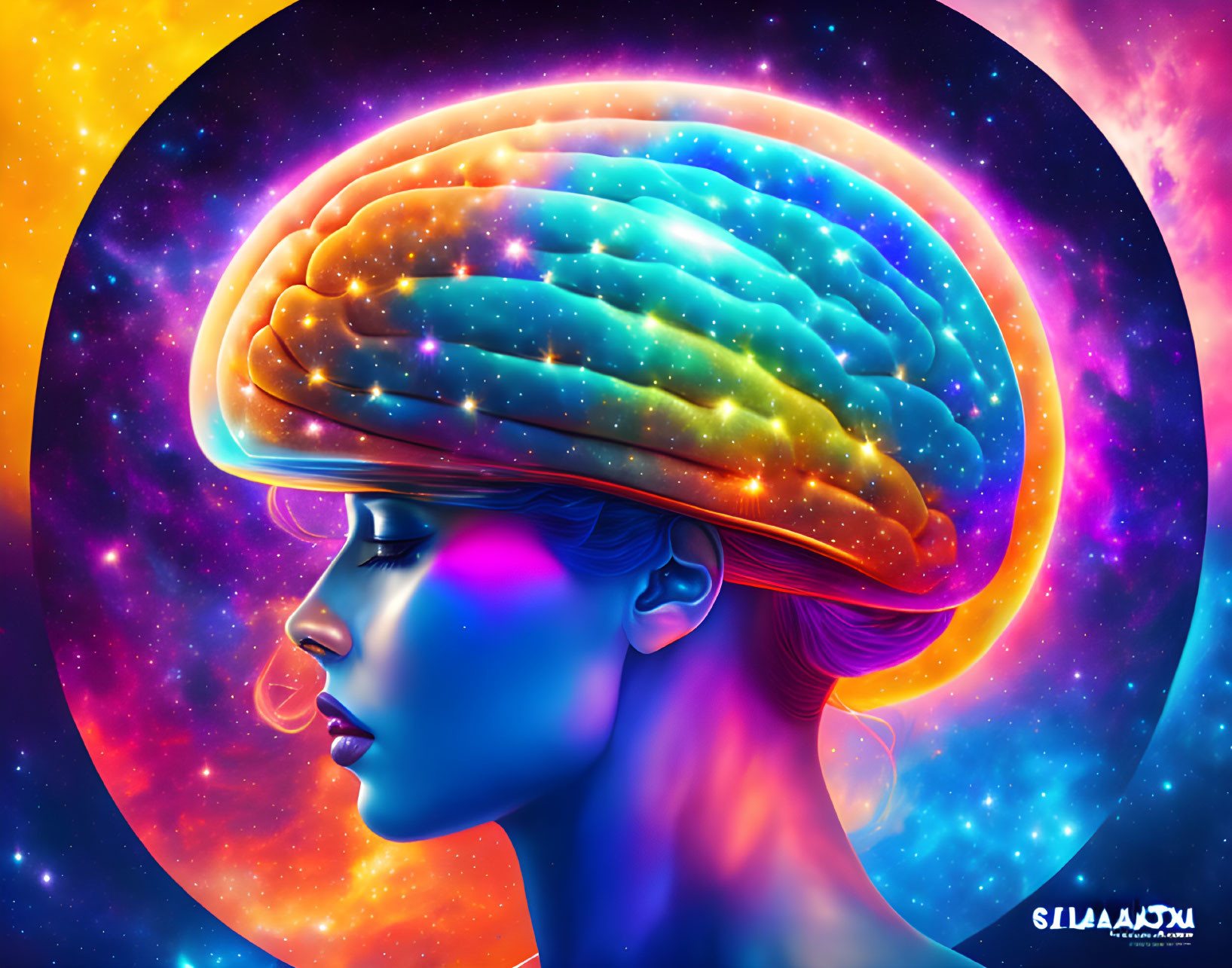 Colorful woman profile with glowing brain in cosmic space