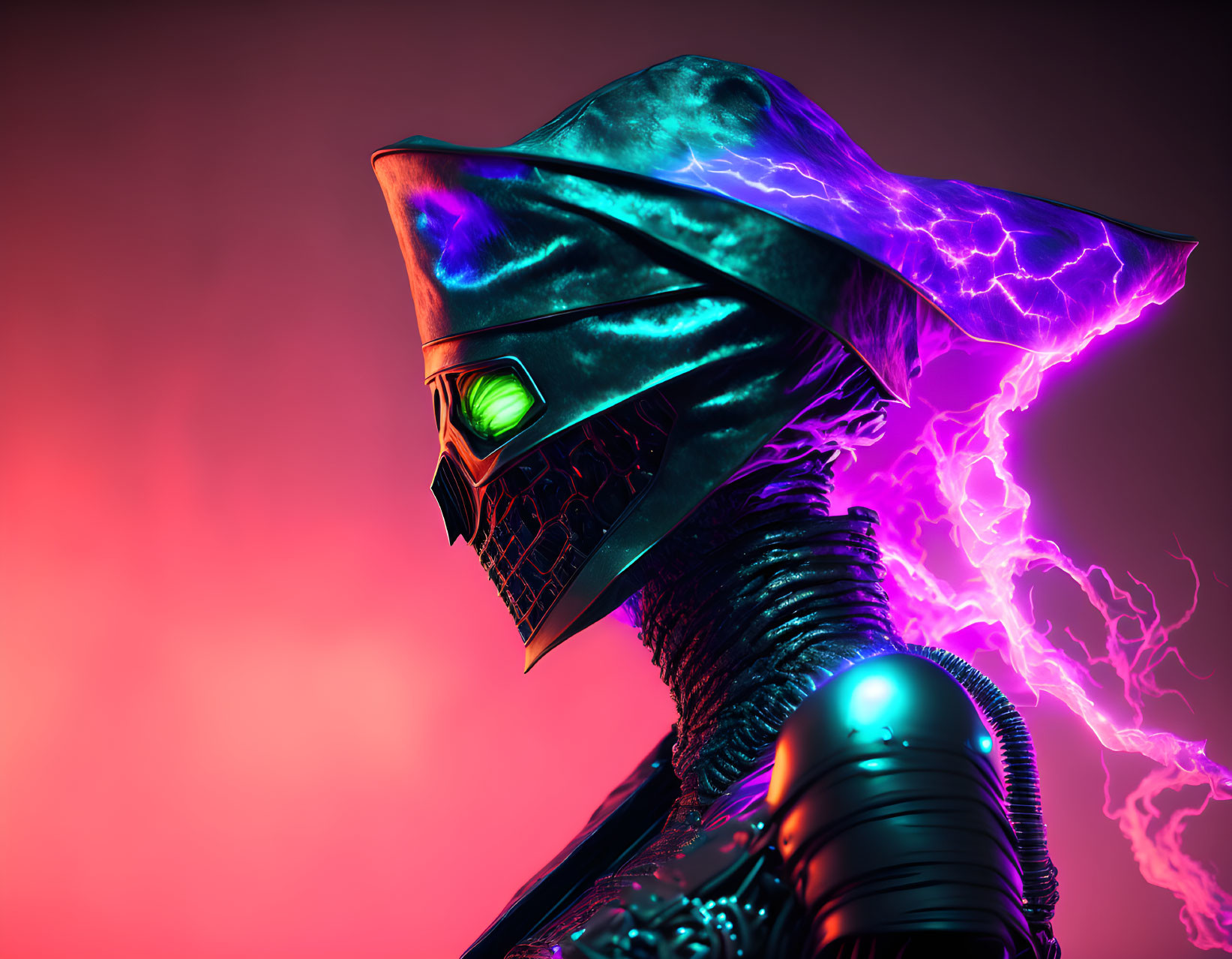 Armored being with green visor, purple lightning, on red background