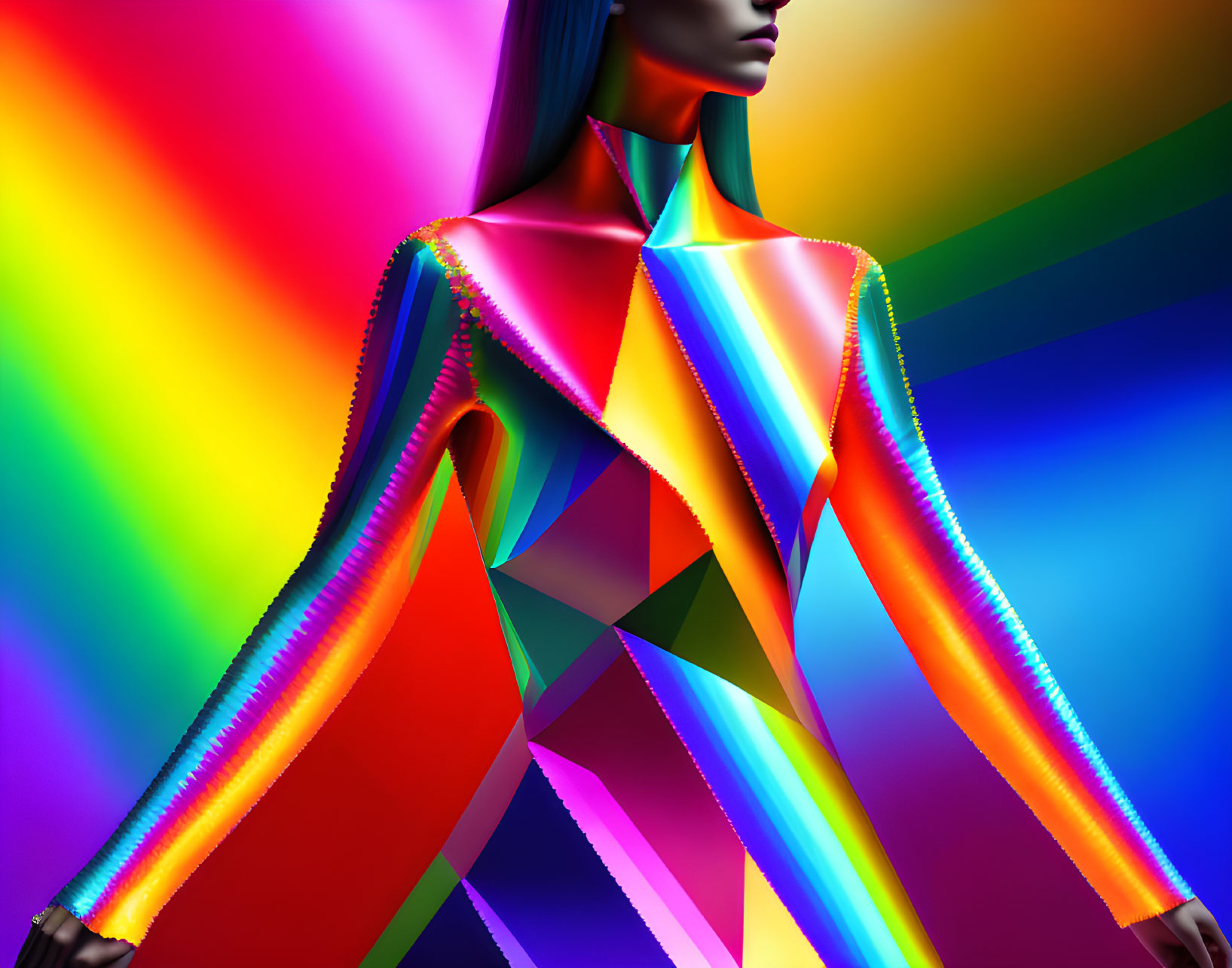 Colorful digital artwork: iridescent skin model in geometric bodysuit