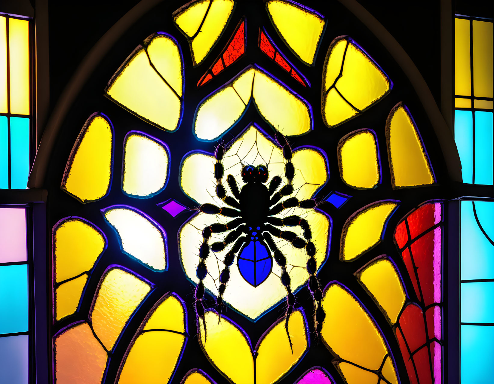 Vibrant Spider Silhouette Stained Glass Window with Geometric Pattern