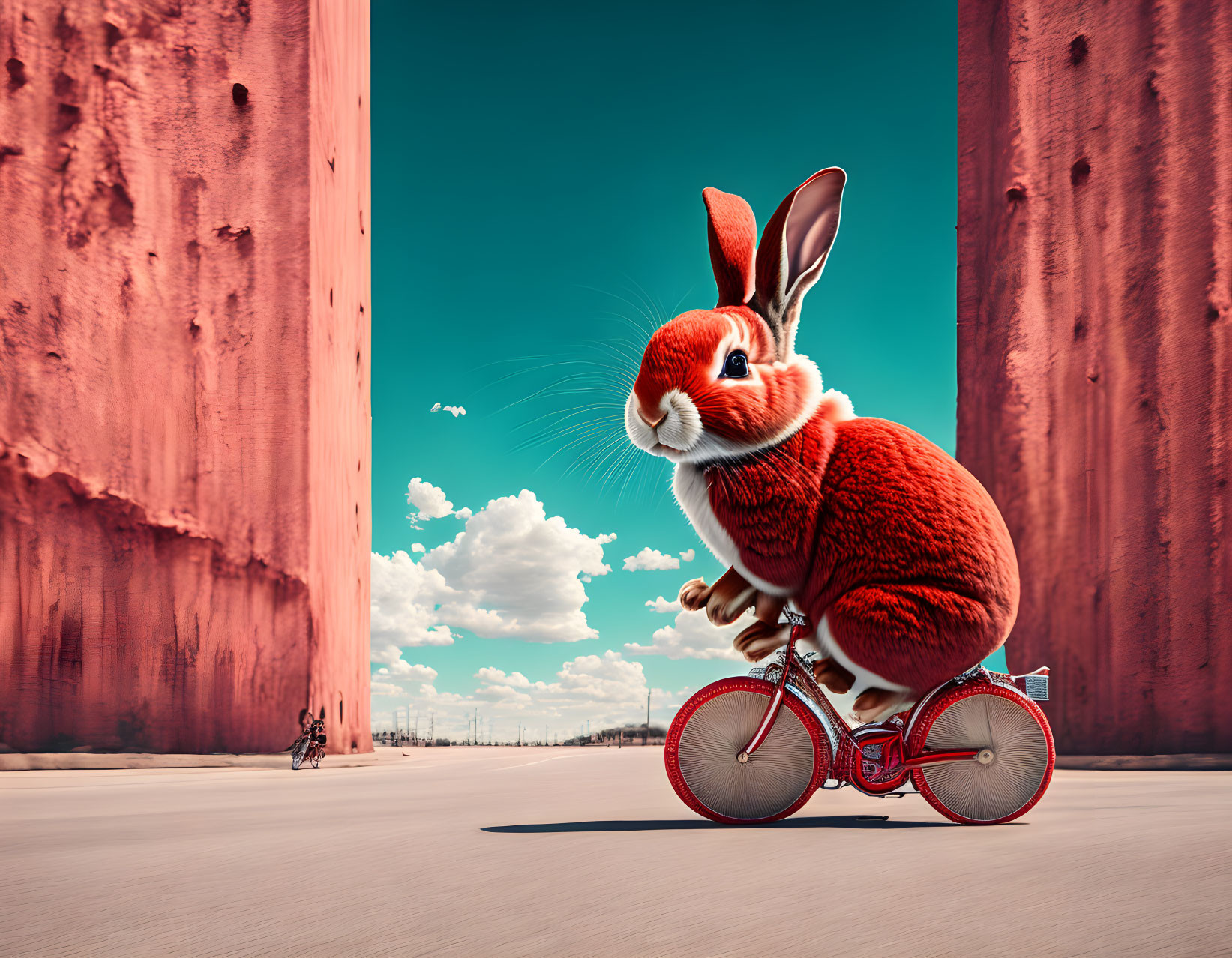 Large Red Rabbit Riding Bicycle Between Red Cliffs Under Blue Sky