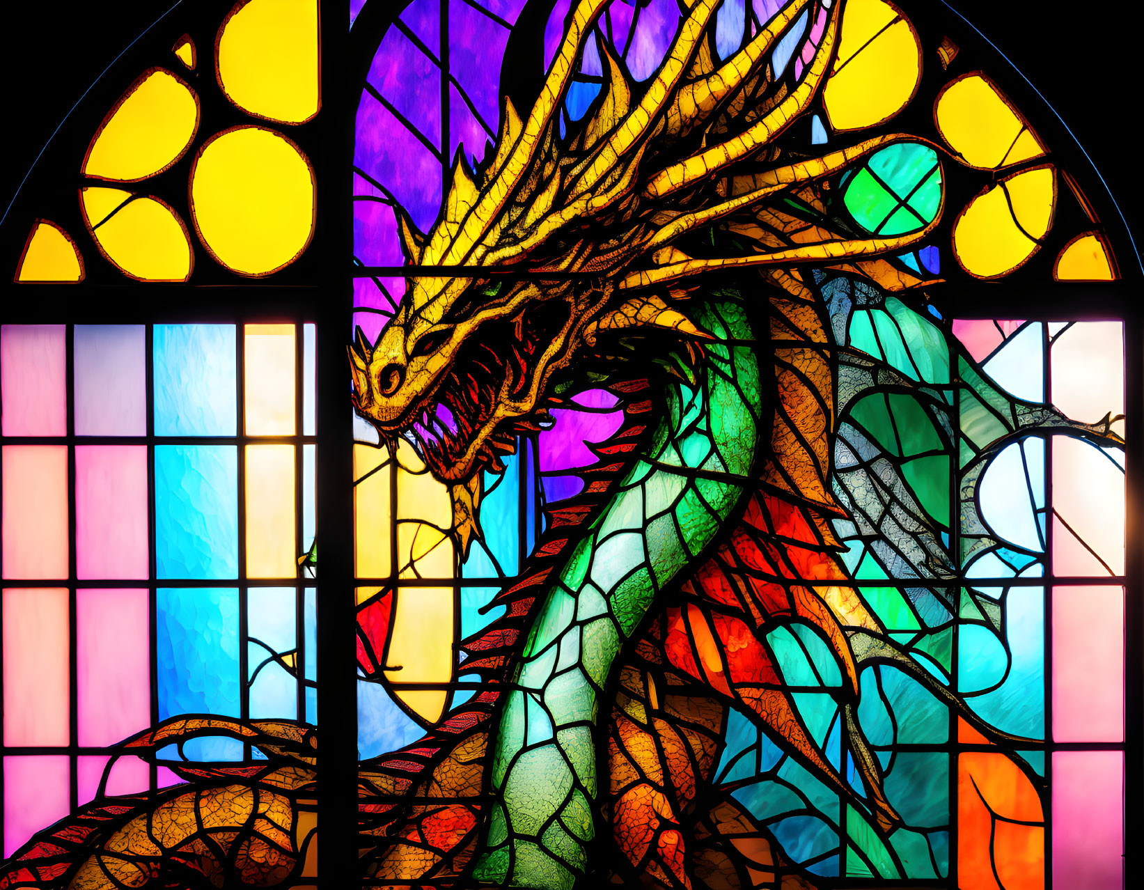 Colorful Dragon Stained Glass Window with Extended Wings