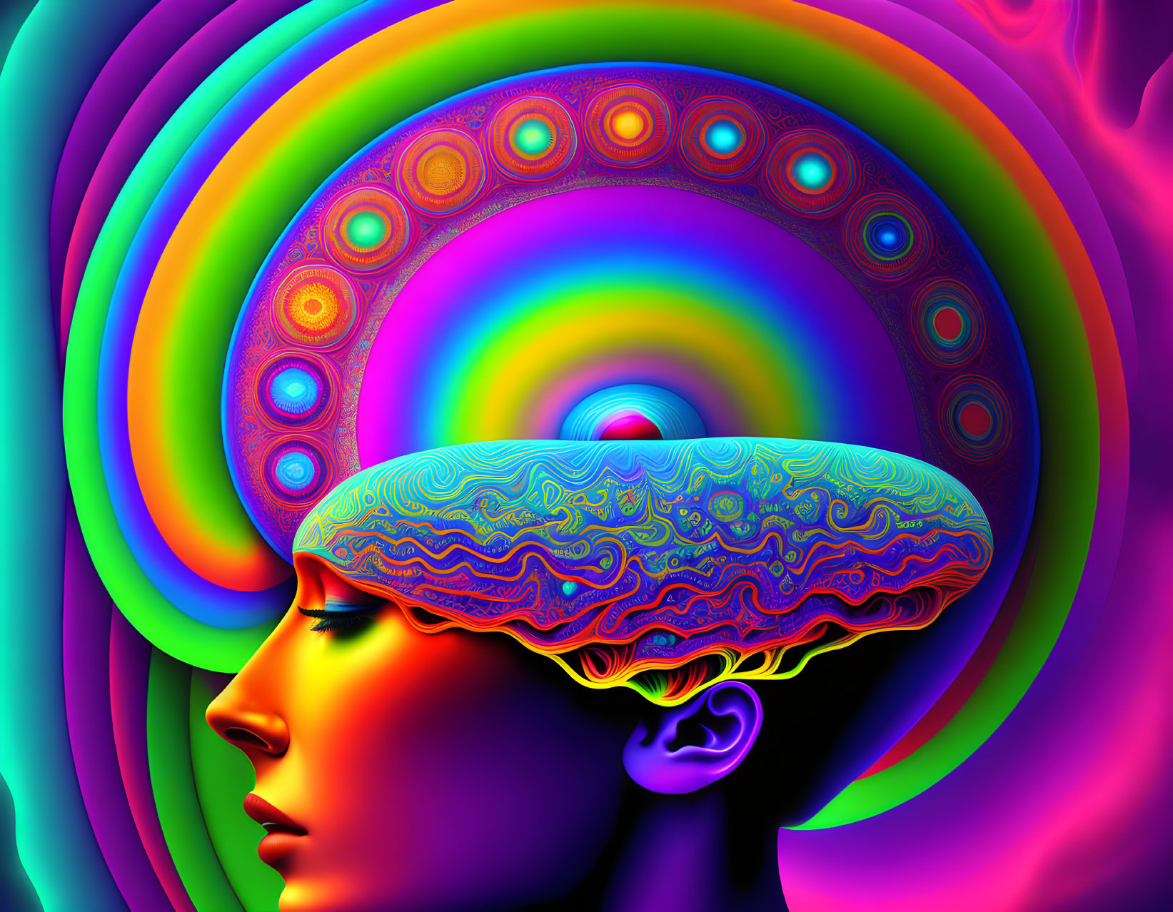 Colorful psychedelic brain in human profile art piece