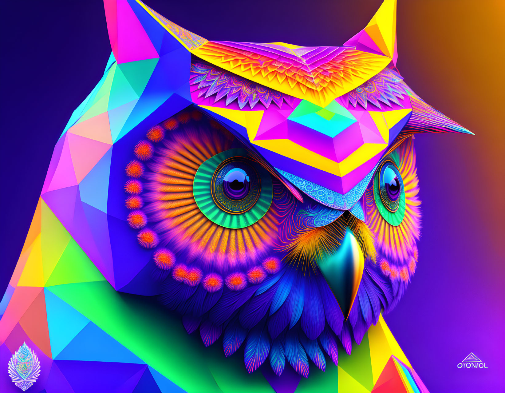 Colorful Geometric Owl Artwork with Hypnotic Eyes and Patterns