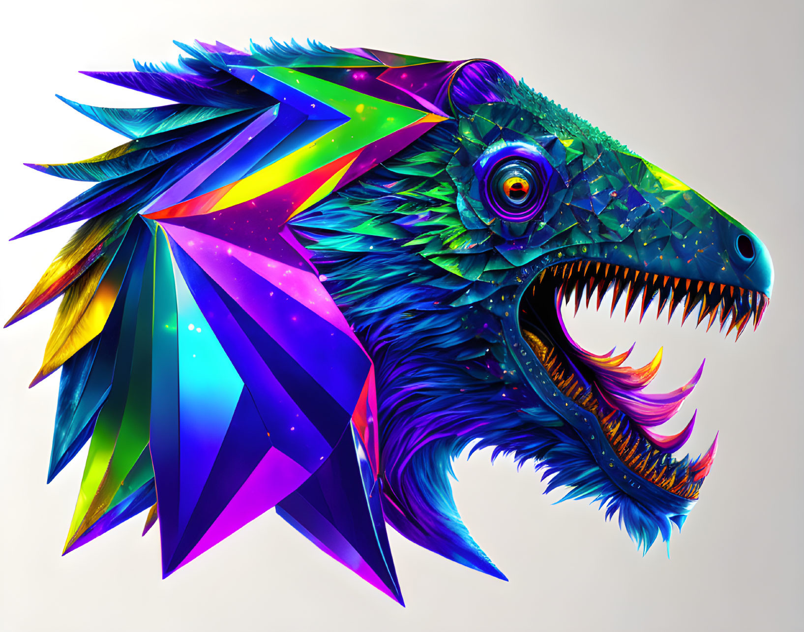 Colorful Stylized Dragon Head Artwork with Geometric Patterns