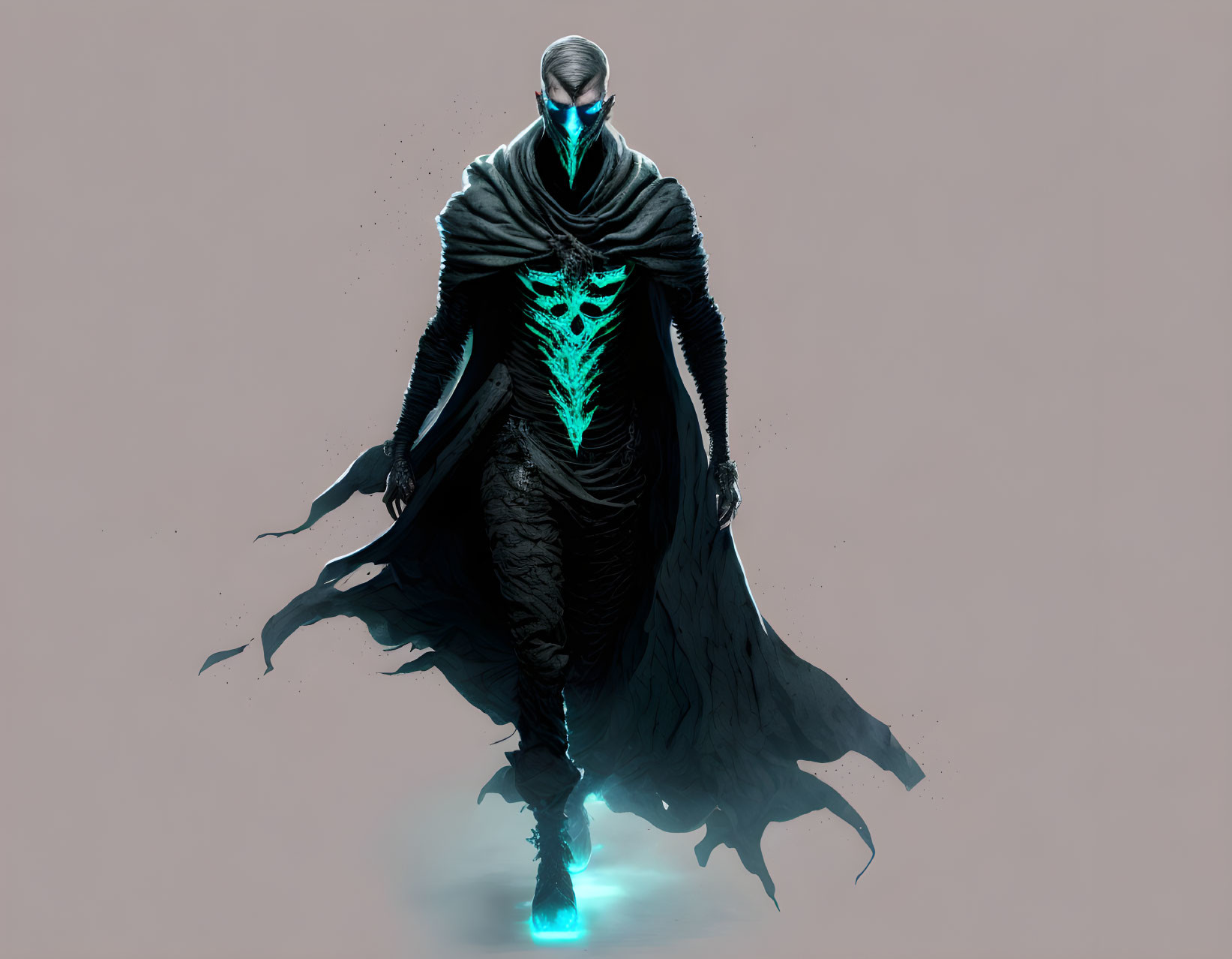 Mysterious figure with glowing green eyes in dark cloak pose