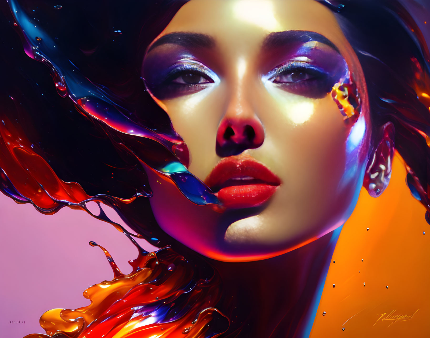 Colorful digital portrait of a woman with blue and orange liquid splashes, showcasing striking makeup and features