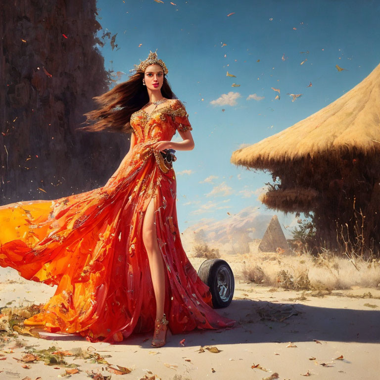 Woman in red dress with gold details in desert landscape