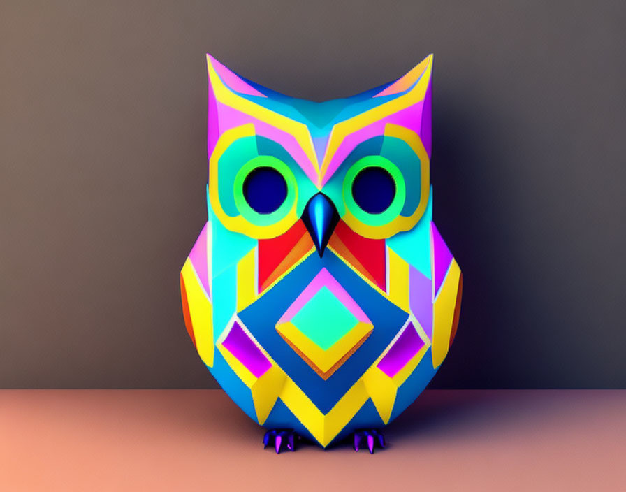 Colorful 3D owl with geometric patterns on two-tone background