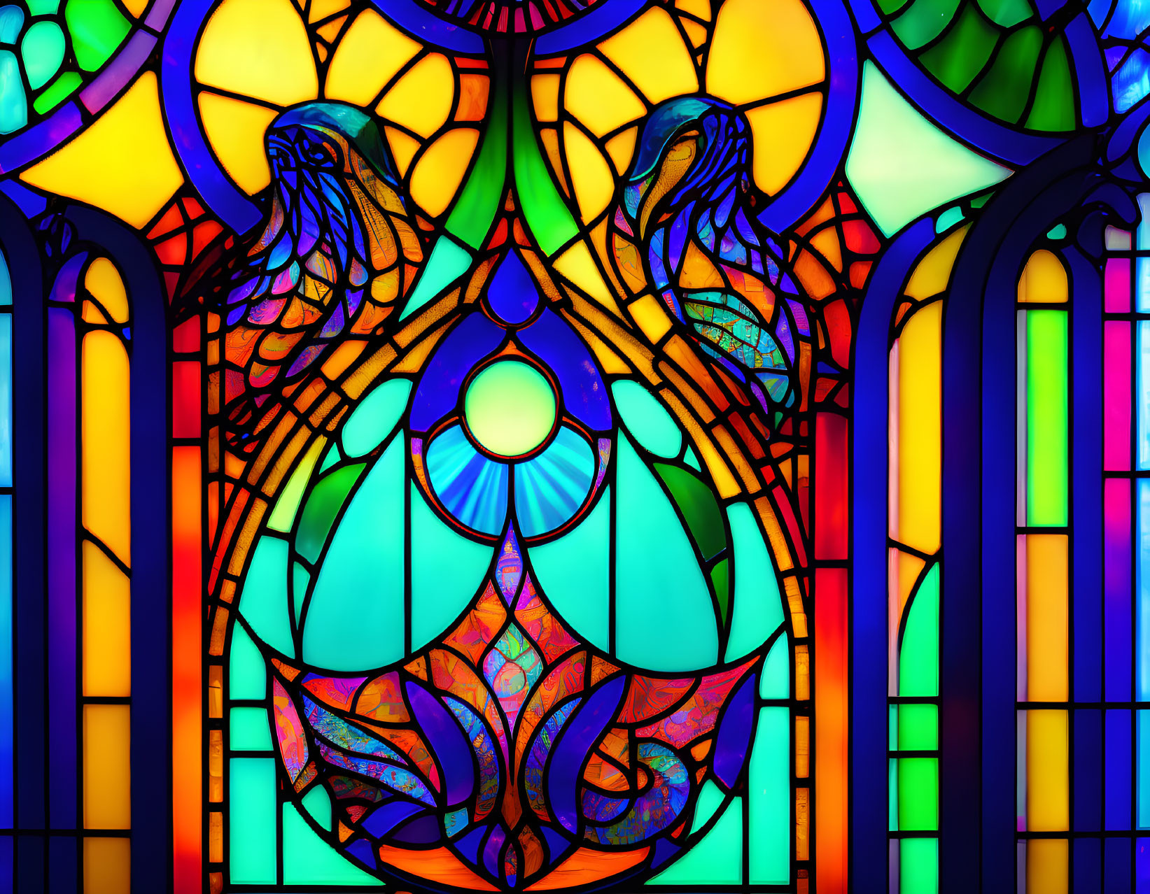 Colorful stained glass window with intricate bird designs and vibrant patterns.