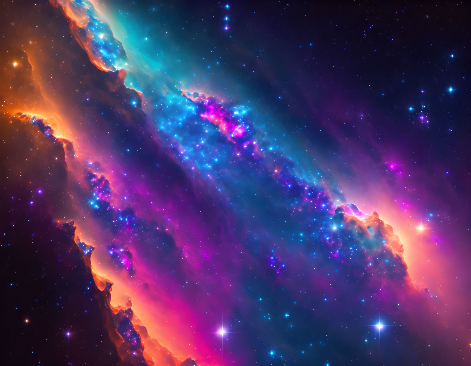 Colorful cosmic scene: interstellar dust and gas clouds in orange, blue, and purple with bright