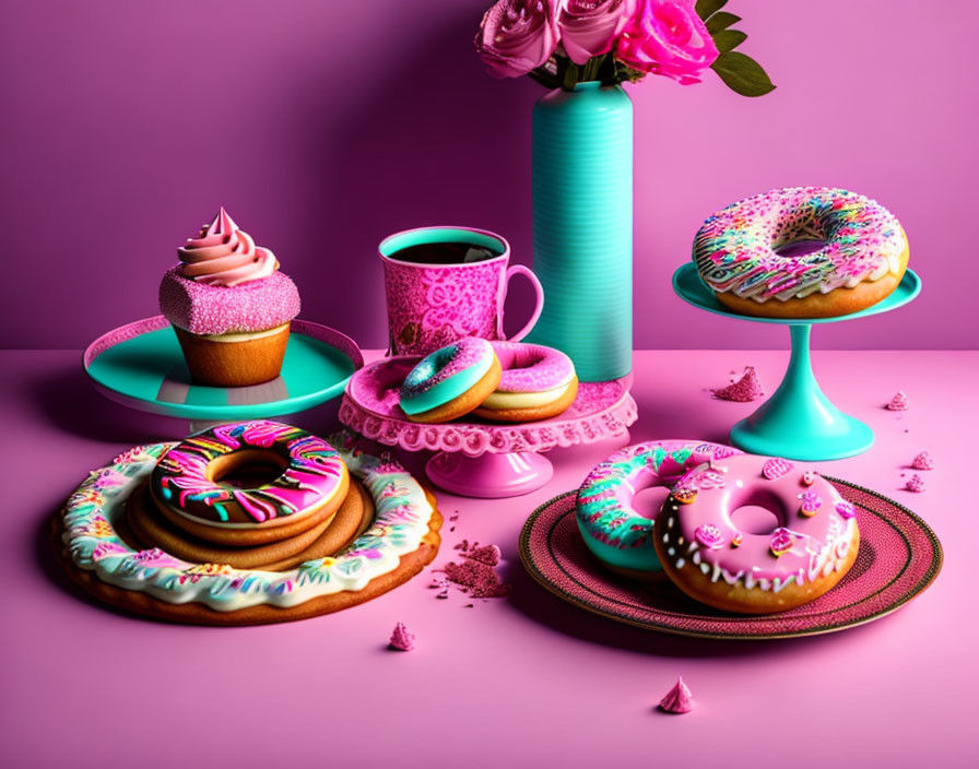 Vibrant donuts, cupcake, mug, vase on stylish stands - pink background