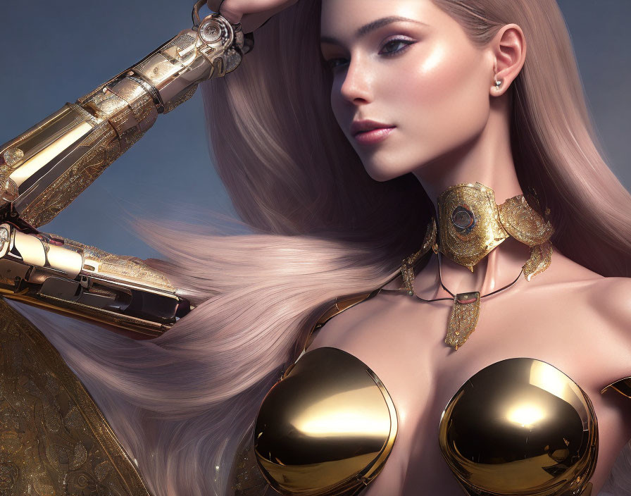 Cybernetic arm woman with sleek hair in golden mechanical parts against blue backdrop