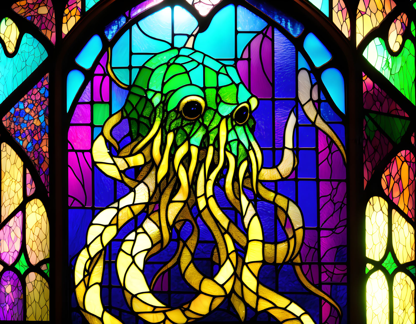 Colorful Stylized Octopus Stained Glass Window in Vibrant Hues